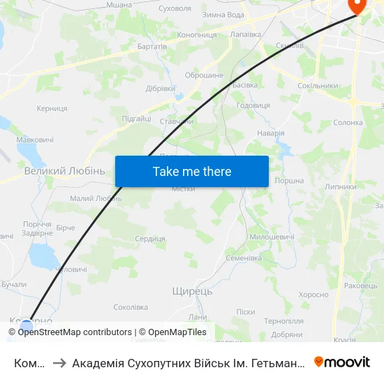 Комарно to Академія Сухопутних Військ Ім. Гетьмана Петра Сагайдачного map