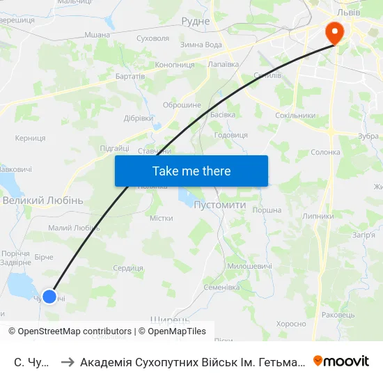 С. Чуловичі to Академія Сухопутних Військ Ім. Гетьмана Петра Сагайдачного map