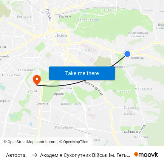 Автостанція №6 to Академія Сухопутних Військ Ім. Гетьмана Петра Сагайдачного map