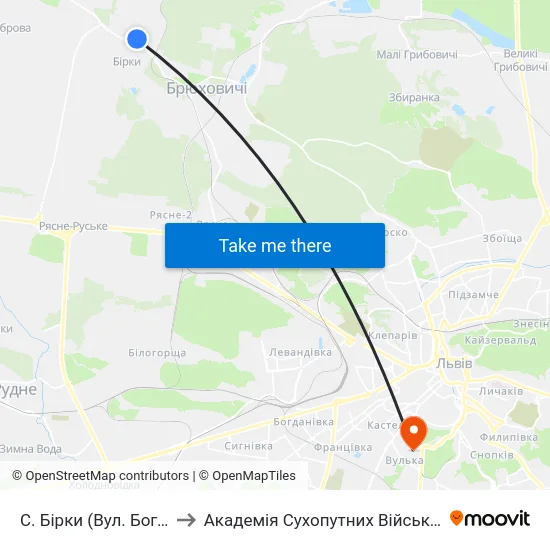 С. Бірки (Вул. Богдана Хмельницького) to Академія Сухопутних Військ Ім. Гетьмана Петра Сагайдачного map