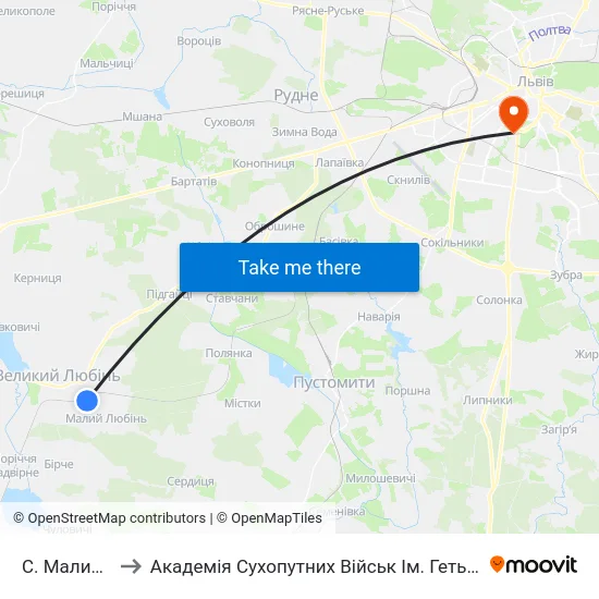 С. Малий Любінь to Академія Сухопутних Військ Ім. Гетьмана Петра Сагайдачного map