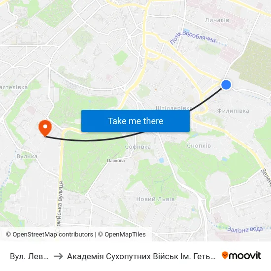 Вул. Левицького to Академія Сухопутних Військ Ім. Гетьмана Петра Сагайдачного map