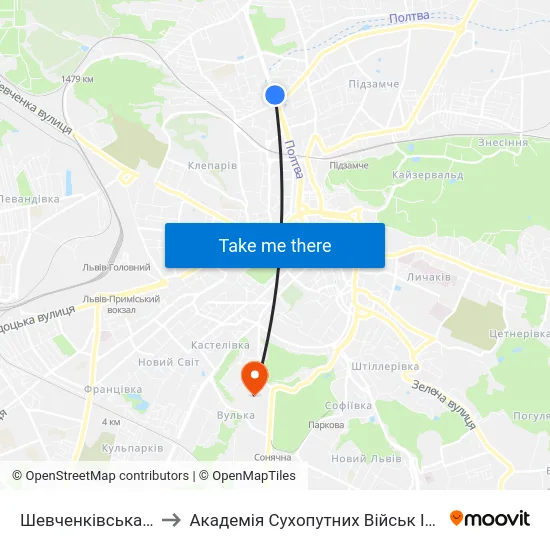 Шевченківська Райадміністрація to Академія Сухопутних Військ Ім. Гетьмана Петра Сагайдачного map