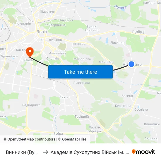 Винники (Вул. Винниченка) to Академія Сухопутних Військ Ім. Гетьмана Петра Сагайдачного map