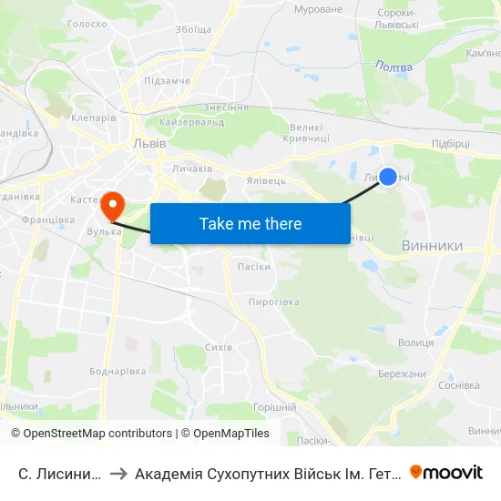 С. Лисиничі (Центр) to Академія Сухопутних Військ Ім. Гетьмана Петра Сагайдачного map