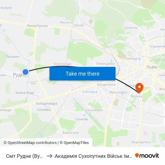 Смт Рудне (Вул. Лесі Українки) to Академія Сухопутних Військ Ім. Гетьмана Петра Сагайдачного map