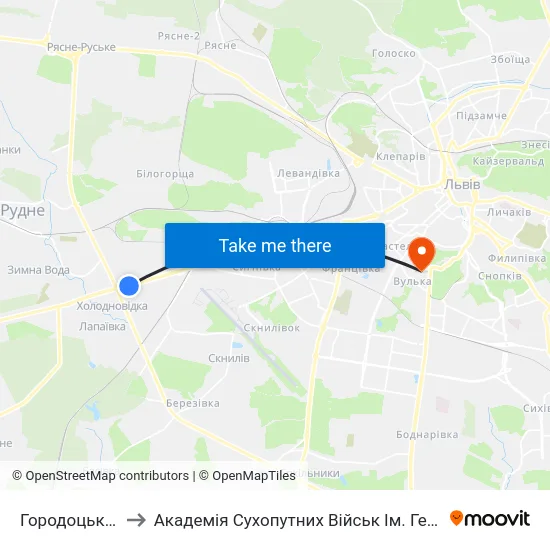Городоцька-Кільцева to Академія Сухопутних Військ Ім. Гетьмана Петра Сагайдачного map