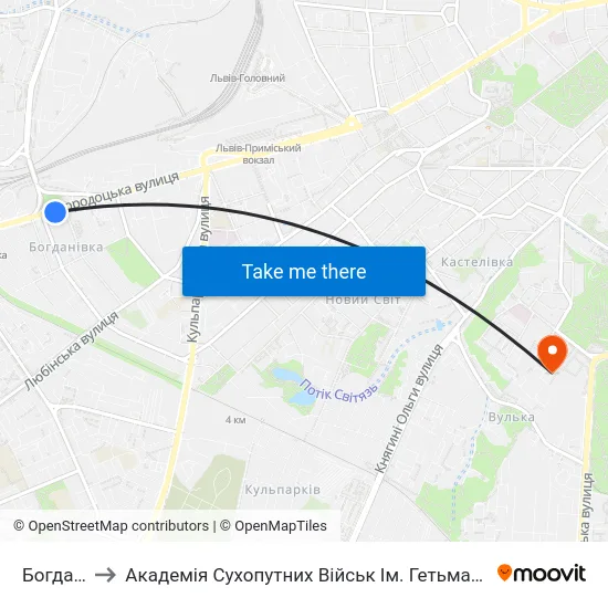 Богданівка to Академія Сухопутних Військ Ім. Гетьмана Петра Сагайдачного map