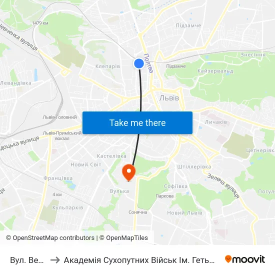Вул. Ветеранів to Академія Сухопутних Військ Ім. Гетьмана Петра Сагайдачного map