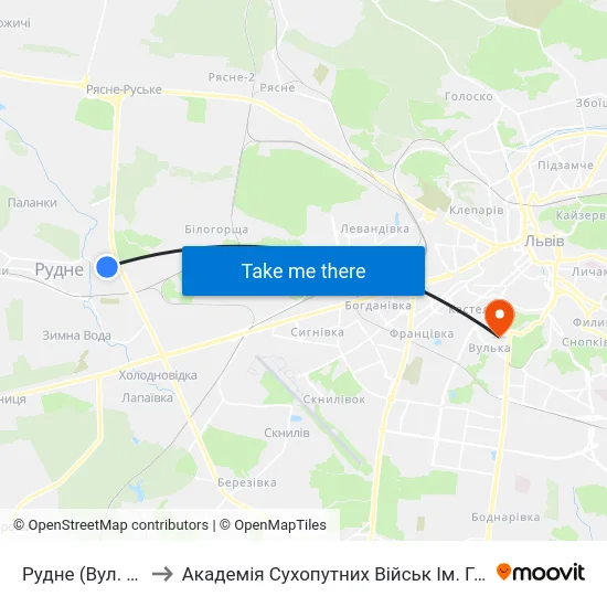 Рудне (Вул. Коновальця) to Академія Сухопутних Військ Ім. Гетьмана Петра Сагайдачного map