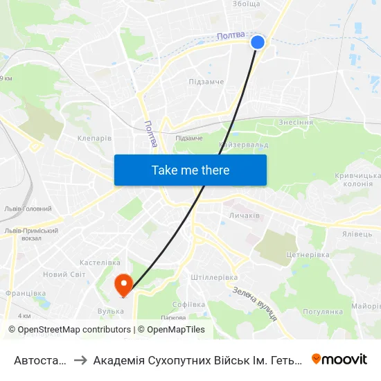 Автостанція №2 to Академія Сухопутних Військ Ім. Гетьмана Петра Сагайдачного map
