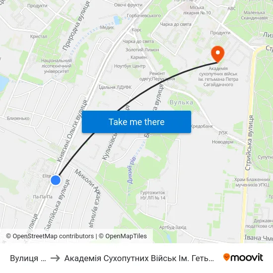 Вулиця Аркаса to Академія Сухопутних Військ Ім. Гетьмана Петра Сагайдачного map