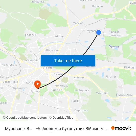 Муроване, Вулиця Підлипи to Академія Сухопутних Військ Ім. Гетьмана Петра Сагайдачного map