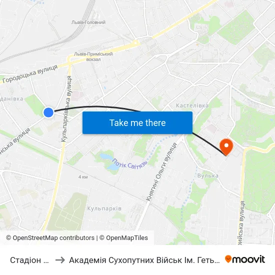 Стадіон Сільмаш to Академія Сухопутних Військ Ім. Гетьмана Петра Сагайдачного map