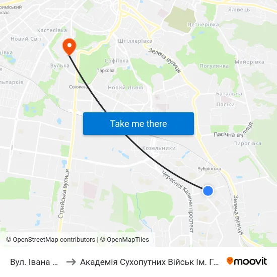 Вул. Івана Кавалерідзе to Академія Сухопутних Військ Ім. Гетьмана Петра Сагайдачного map
