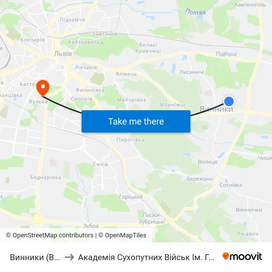 Винники (Вул. Лисика) to Академія Сухопутних Військ Ім. Гетьмана Петра Сагайдачного map