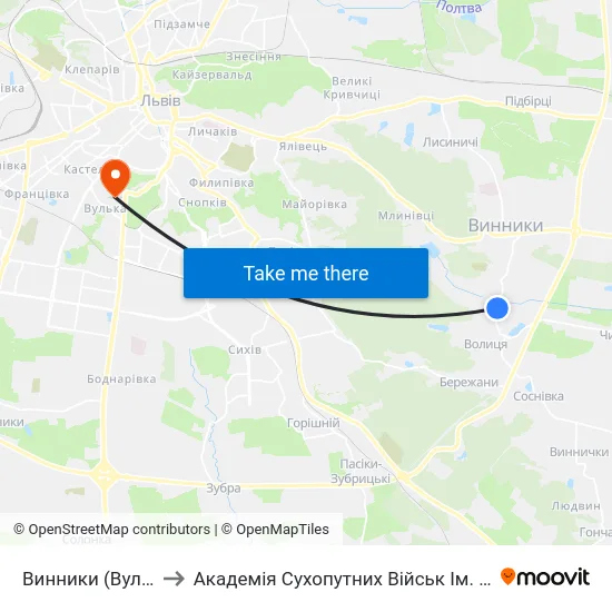 Винники (Вул. Шептицьких) to Академія Сухопутних Військ Ім. Гетьмана Петра Сагайдачного map
