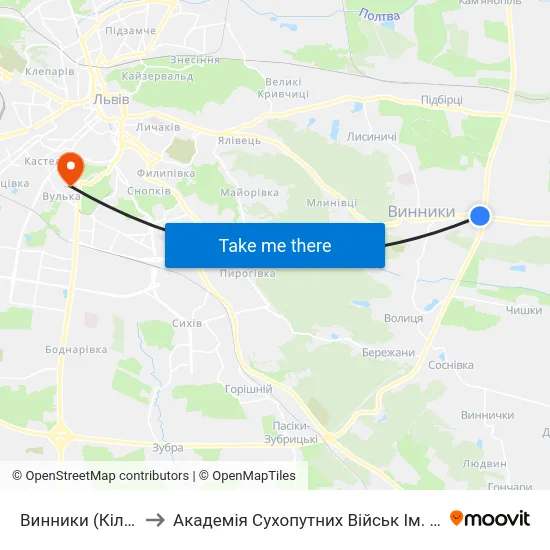 Винники (Кільцева Дорога) to Академія Сухопутних Військ Ім. Гетьмана Петра Сагайдачного map