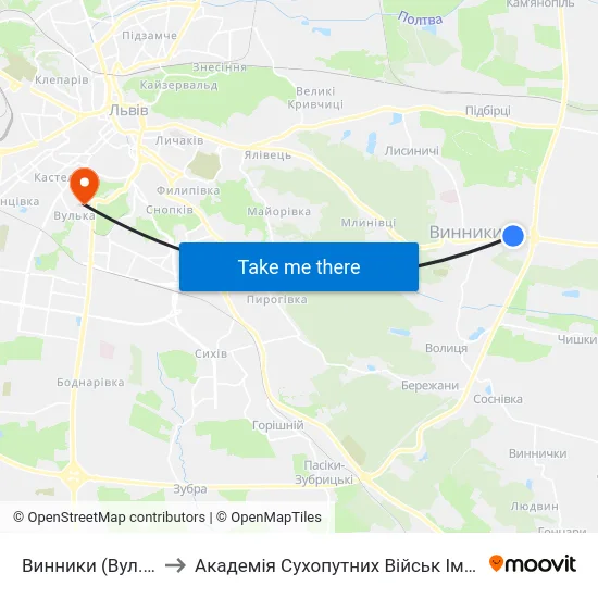 Винники (Вул. Яворницького) to Академія Сухопутних Військ Ім. Гетьмана Петра Сагайдачного map