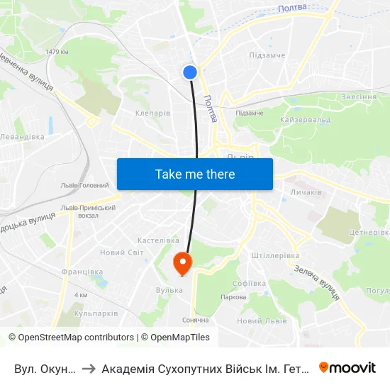 Вул. Окуневського to Академія Сухопутних Військ Ім. Гетьмана Петра Сагайдачного map