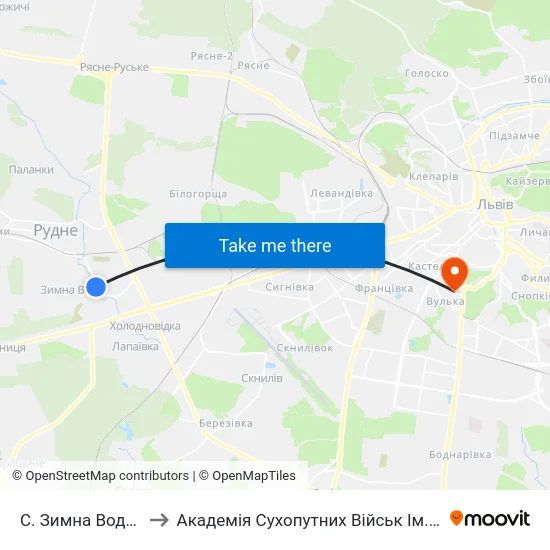 С. Зимна Вода (Вул. Західна) to Академія Сухопутних Військ Ім. Гетьмана Петра Сагайдачного map