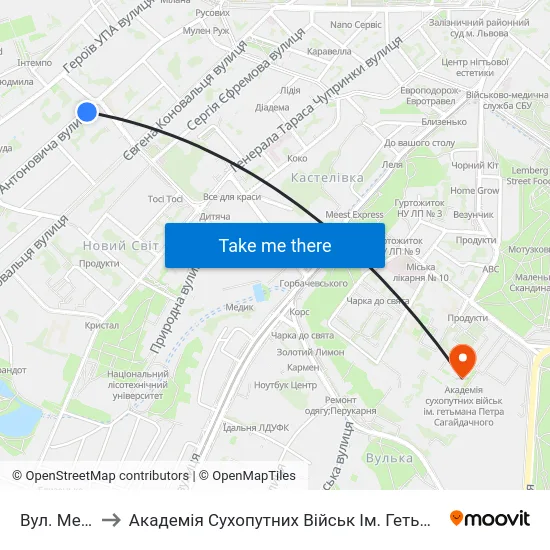 Вул. Мельника to Академія Сухопутних Військ Ім. Гетьмана Петра Сагайдачного map