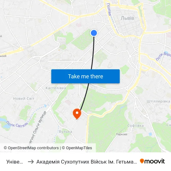 Університет to Академія Сухопутних Військ Ім. Гетьмана Петра Сагайдачного map