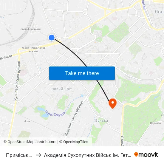 Приміський Вокзал to Академія Сухопутних Військ Ім. Гетьмана Петра Сагайдачного map