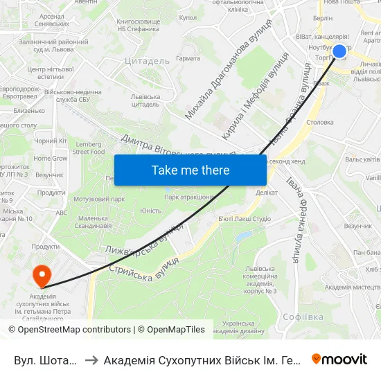 Вул. Шота Руставелі to Академія Сухопутних Військ Ім. Гетьмана Петра Сагайдачного map