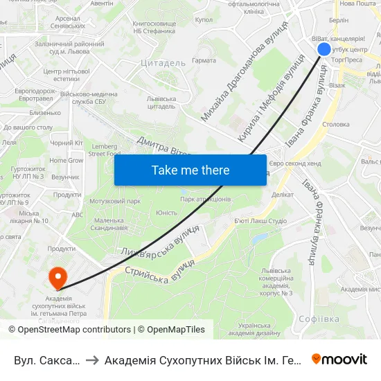 Вул. Саксаганського to Академія Сухопутних Військ Ім. Гетьмана Петра Сагайдачного map