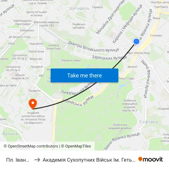 Пл. Івана Франка to Академія Сухопутних Військ Ім. Гетьмана Петра Сагайдачного map
