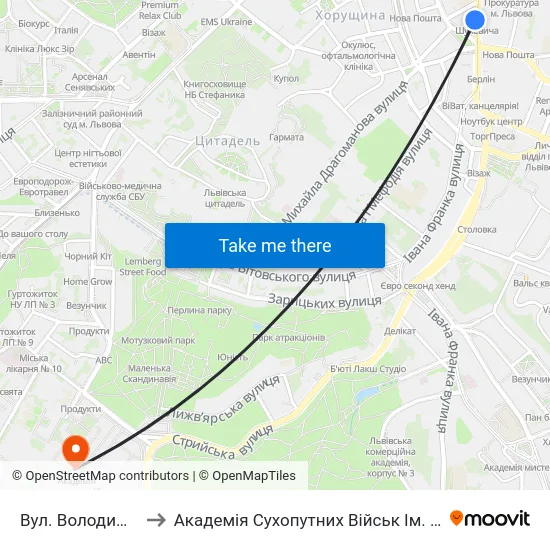 Вул. Володимира Шухевича to Академія Сухопутних Військ Ім. Гетьмана Петра Сагайдачного map