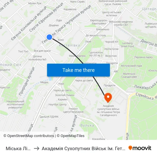 Міська Лікарня №5 to Академія Сухопутних Військ Ім. Гетьмана Петра Сагайдачного map