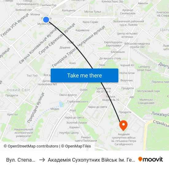 Вул. Степана Бандери to Академія Сухопутних Військ Ім. Гетьмана Петра Сагайдачного map