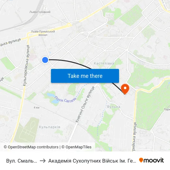 Вул. Смаль-Стоцького to Академія Сухопутних Військ Ім. Гетьмана Петра Сагайдачного map