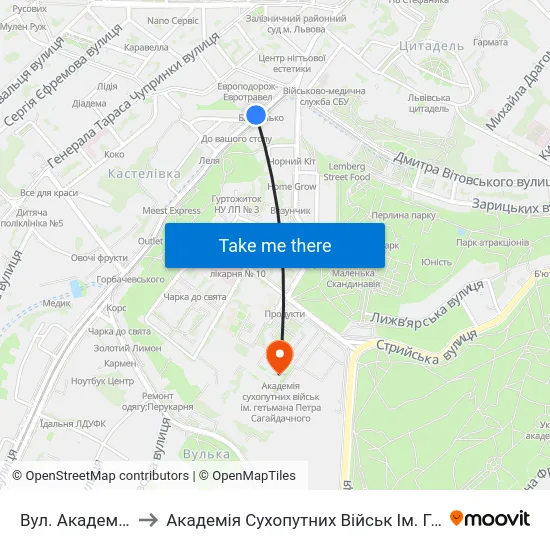 Вул. Академіка Сахарова to Академія Сухопутних Військ Ім. Гетьмана Петра Сагайдачного map