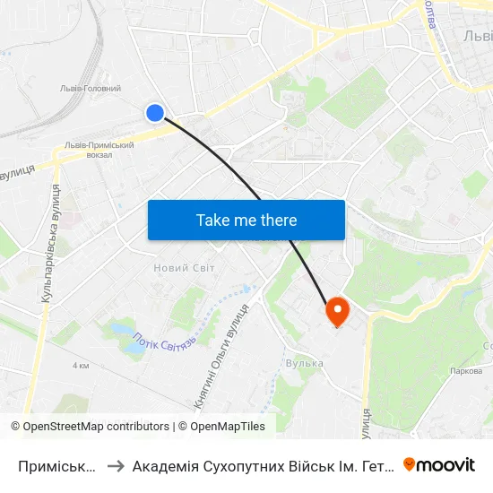 Приміський Вокзал to Академія Сухопутних Військ Ім. Гетьмана Петра Сагайдачного map