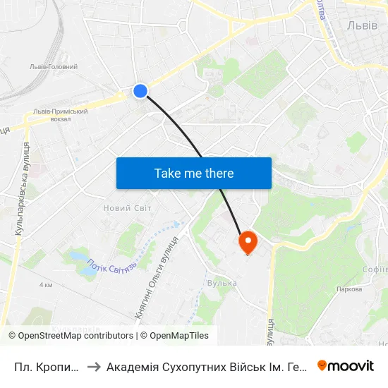 Пл. Кропивницького to Академія Сухопутних Військ Ім. Гетьмана Петра Сагайдачного map