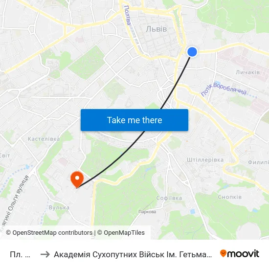 Пл. Митна to Академія Сухопутних Військ Ім. Гетьмана Петра Сагайдачного map