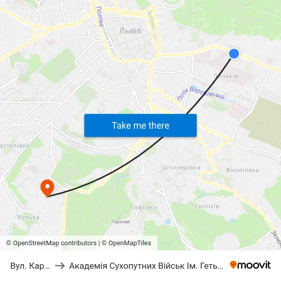 Вул. Кармалюка to Академія Сухопутних Військ Ім. Гетьмана Петра Сагайдачного map