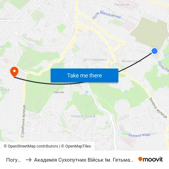 Погулянка to Академія Сухопутних Військ Ім. Гетьмана Петра Сагайдачного map