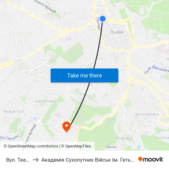 Вул. Театральна to Академія Сухопутних Військ Ім. Гетьмана Петра Сагайдачного map