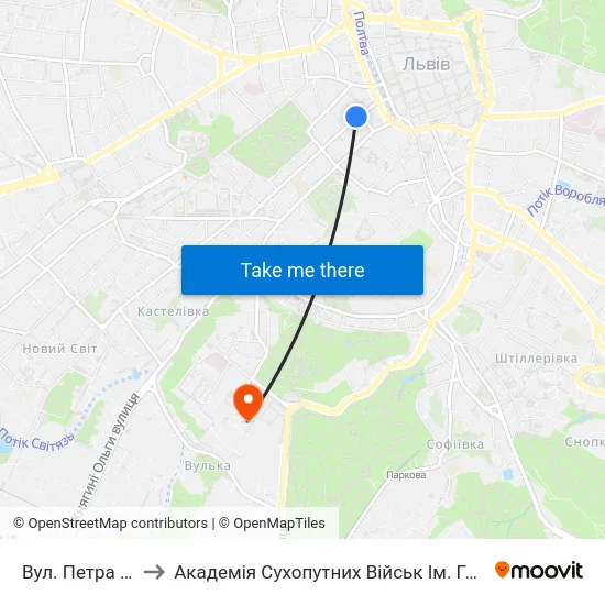 Вул. Петра Дорошенка to Академія Сухопутних Військ Ім. Гетьмана Петра Сагайдачного map