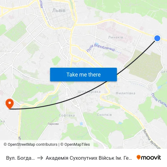 Вул. Богдана Котика to Академія Сухопутних Військ Ім. Гетьмана Петра Сагайдачного map