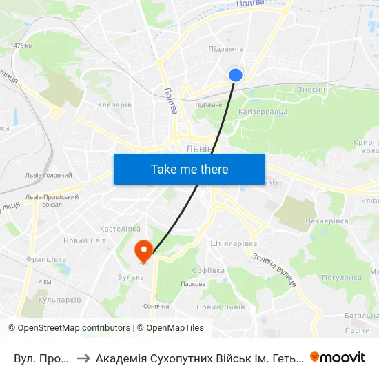 Вул. Промислова to Академія Сухопутних Військ Ім. Гетьмана Петра Сагайдачного map