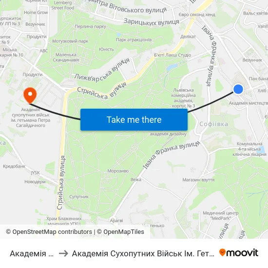 Академія Мистецтв to Академія Сухопутних Військ Ім. Гетьмана Петра Сагайдачного map