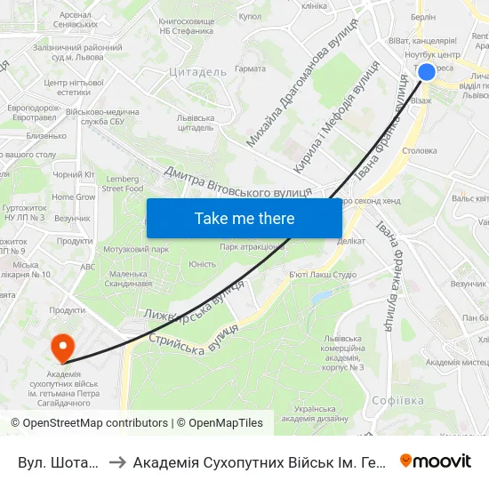 Вул. Шота Руставелі to Академія Сухопутних Військ Ім. Гетьмана Петра Сагайдачного map