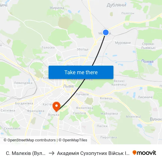 С. Малехів (Вул. Тараса Шевченка) to Академія Сухопутних Військ Ім. Гетьмана Петра Сагайдачного map