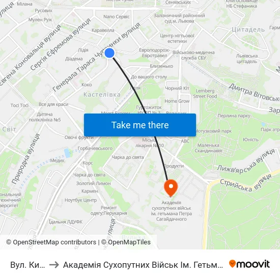 Вул. Київська to Академія Сухопутних Військ Ім. Гетьмана Петра Сагайдачного map