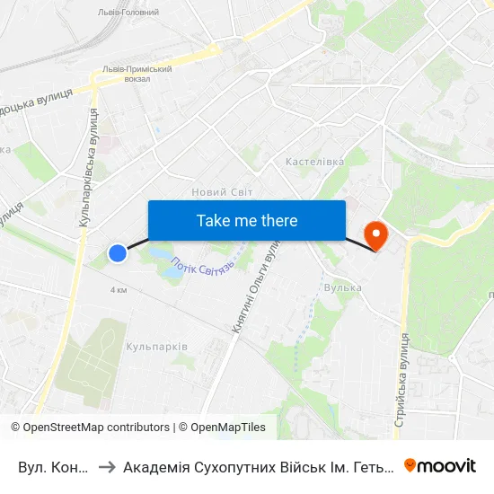 Вул. Коновальця to Академія Сухопутних Військ Ім. Гетьмана Петра Сагайдачного map